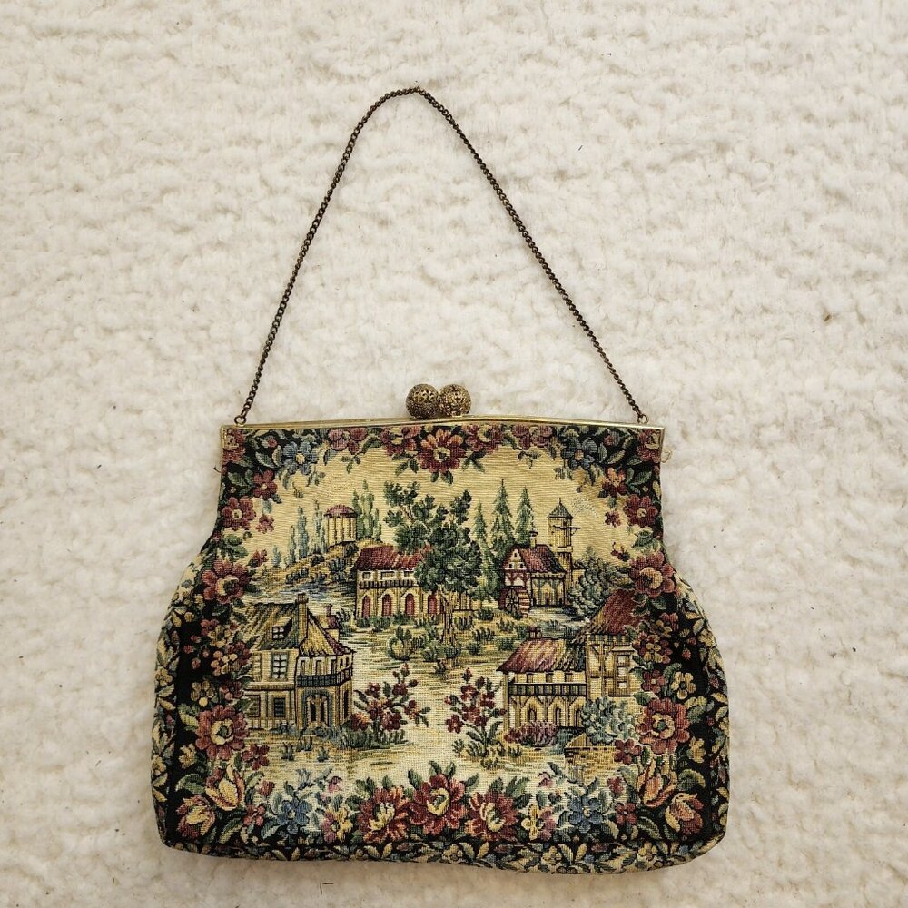 Vintage Walborg Tapestry Linen Blend Handbag Purse Gold Kiss Lock Cocktail